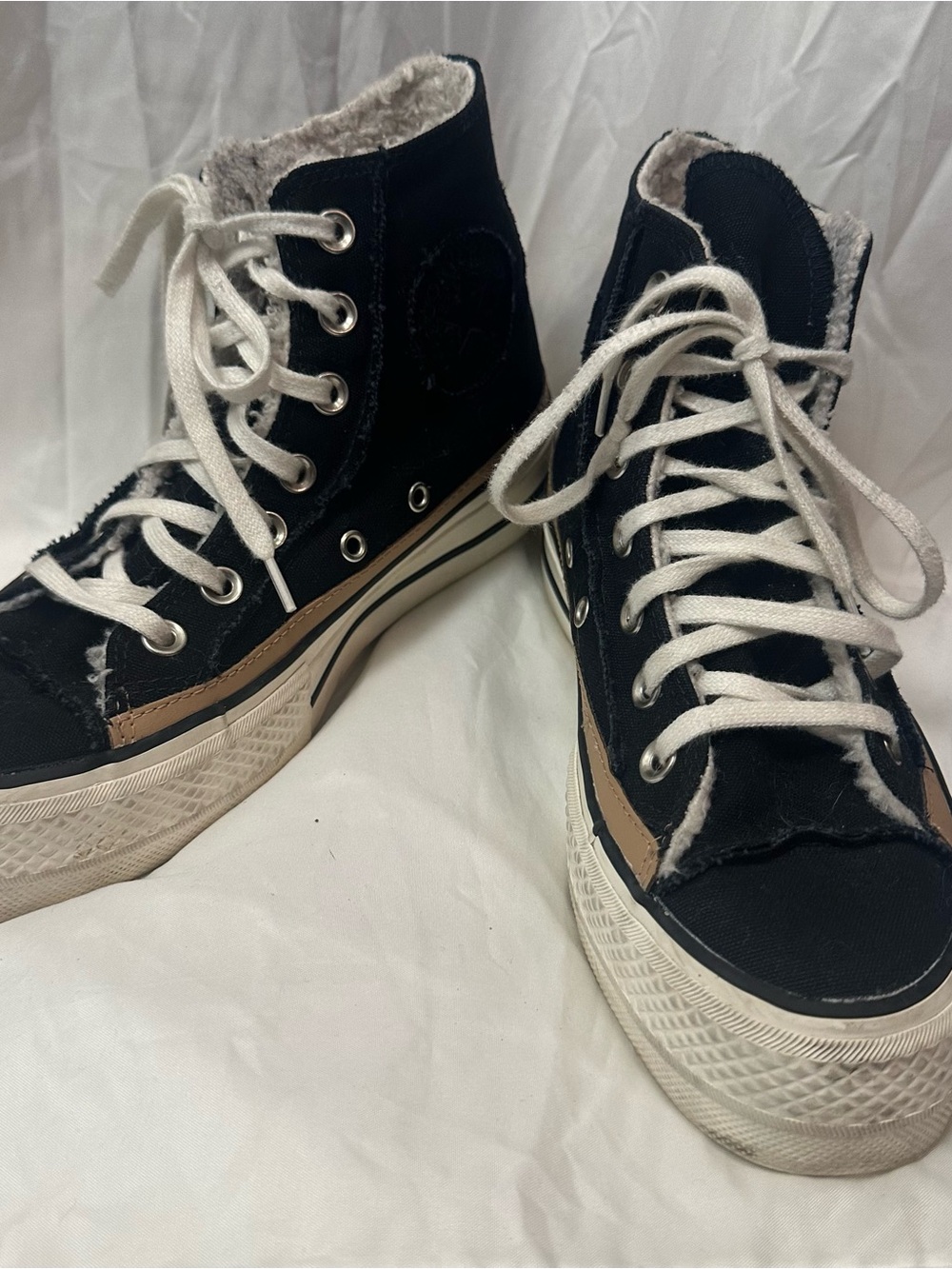Converse All Star High-Top Black Canvas Sneakers with Tan Trim White Laces 6.5